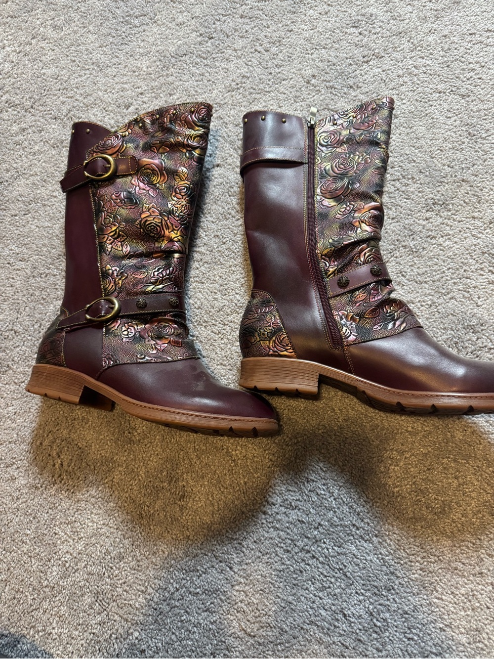 Women's Embossed Floral Tall Boots - Burgundy